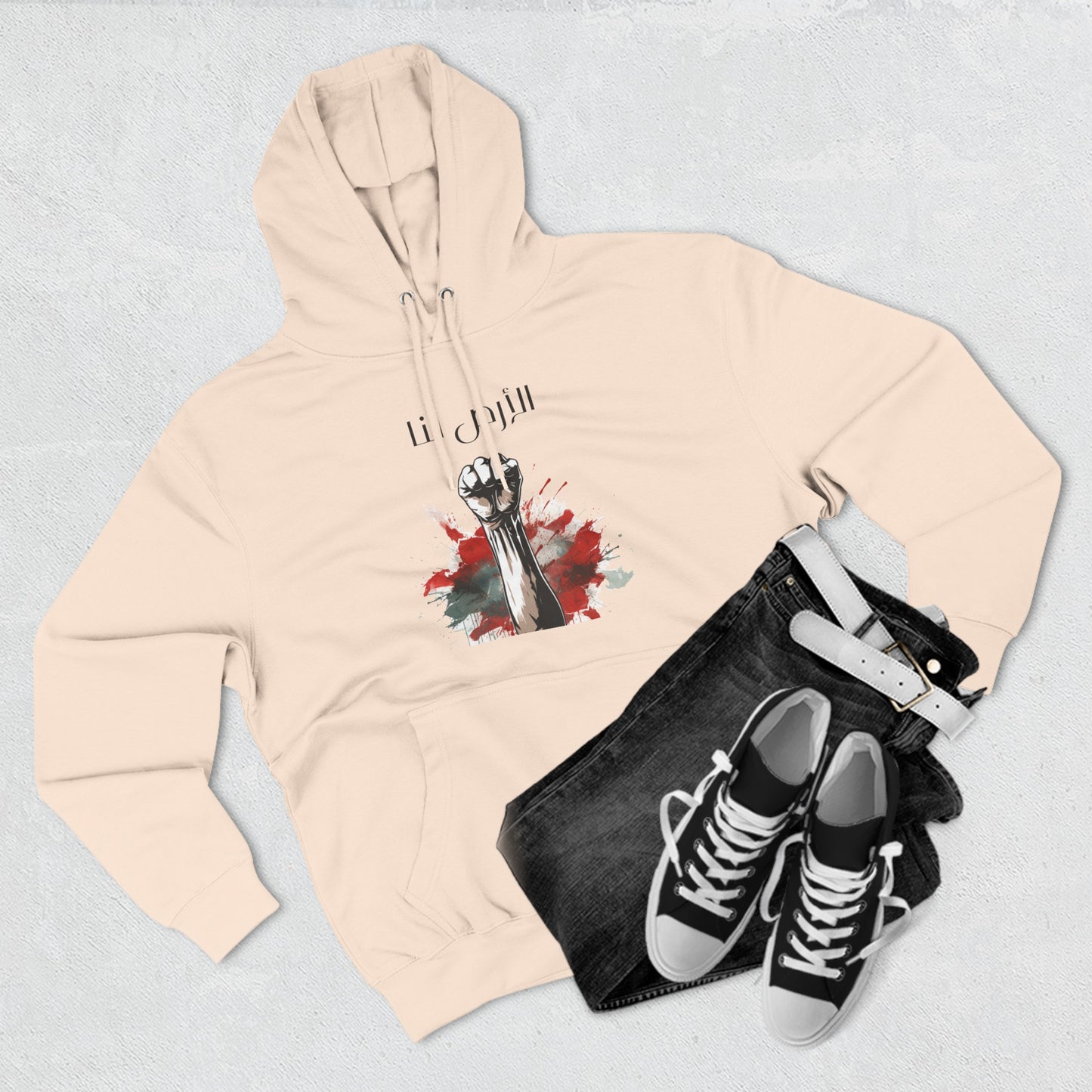 Fleece Hoodie free Palestine, pro Palestine, resistance, solidarity, land is ours, Arabic, Arabic writing, support in style