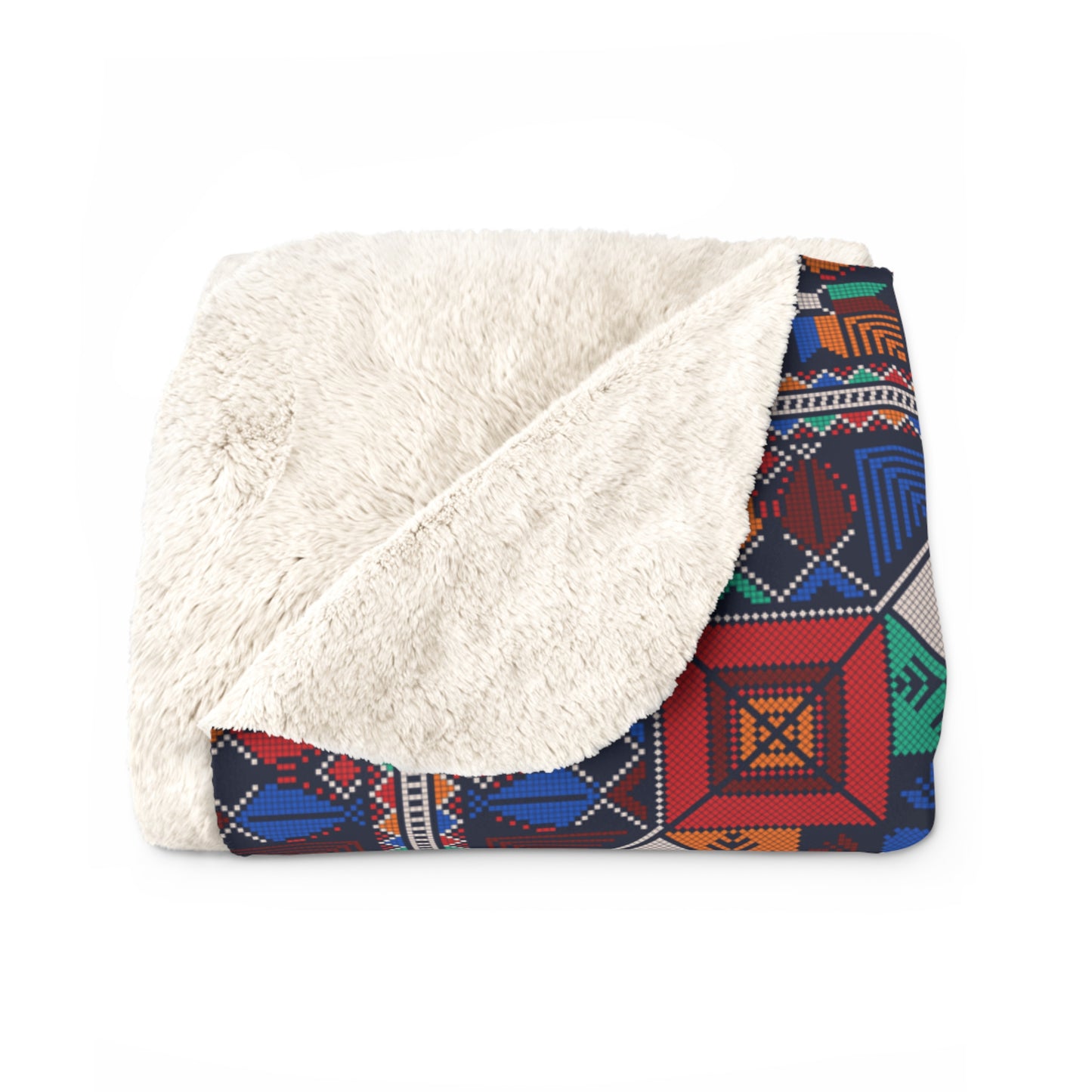 Sherpa Fleece Blanket, Tatreez design, blues