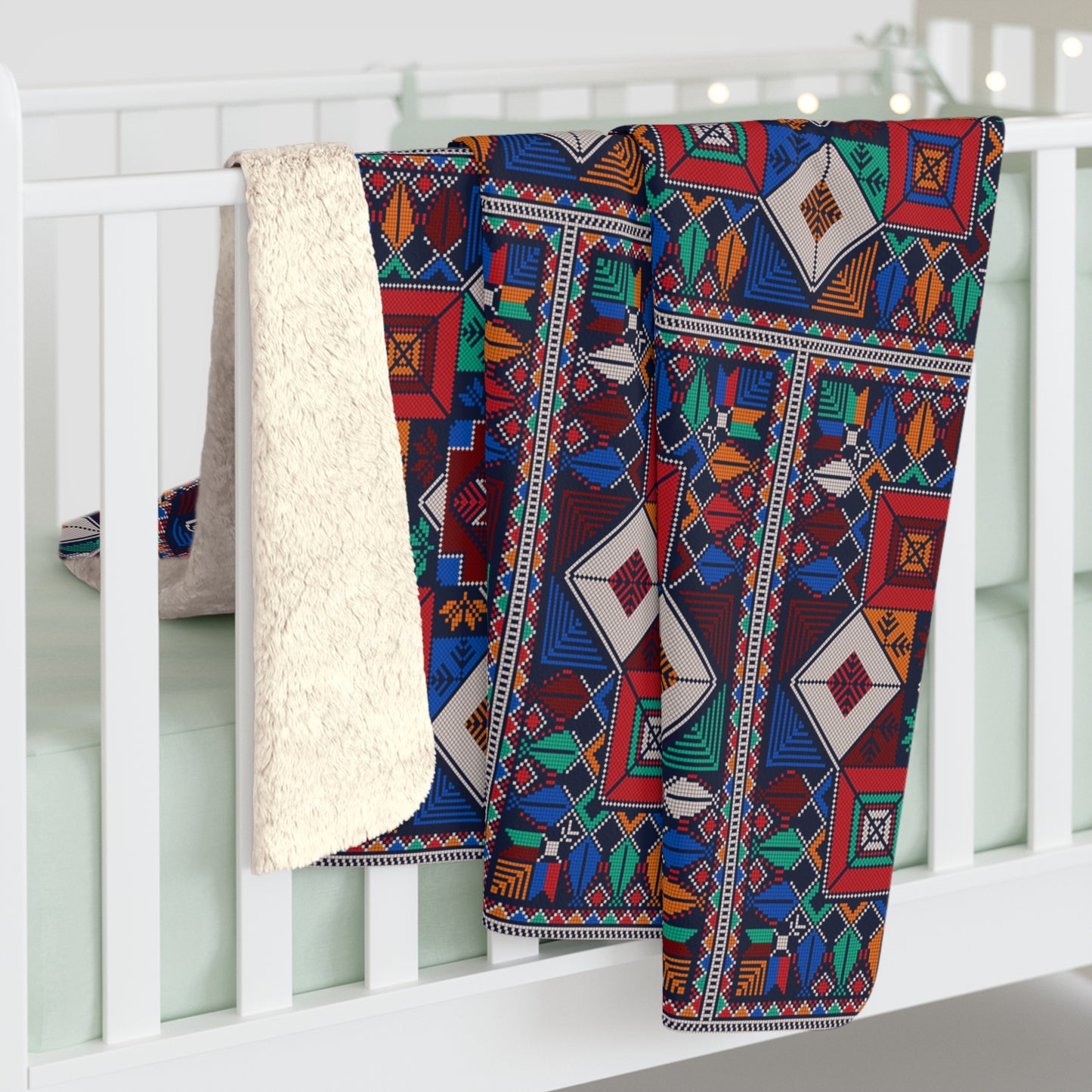 Sherpa Fleece Blanket, Tatreez design, blues