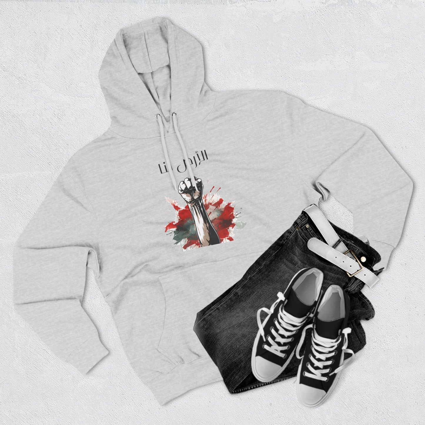 Fleece Hoodie free Palestine, pro Palestine, resistance, solidarity, land is ours, Arabic, Arabic writing, support in style