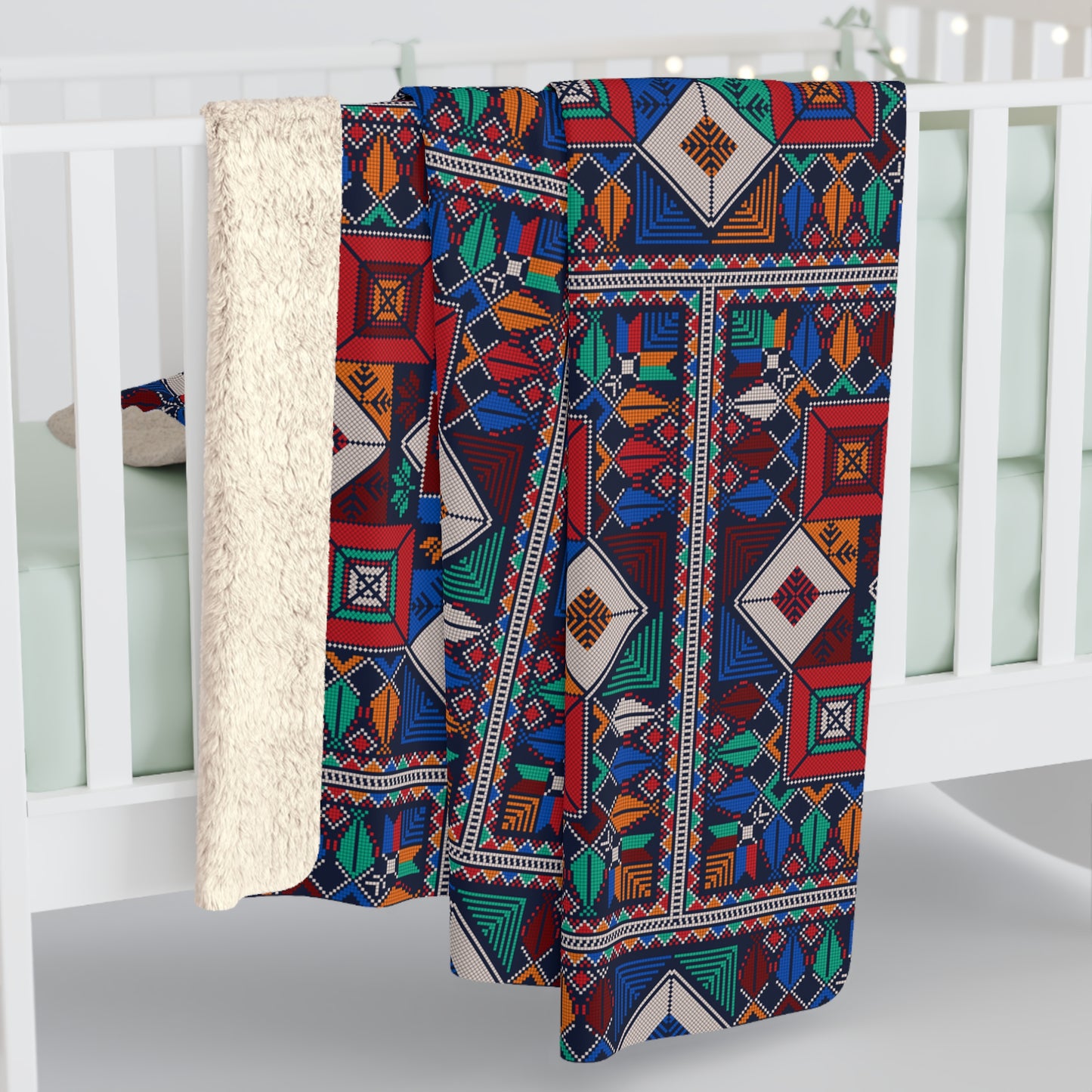 Sherpa Fleece Blanket, Tatreez design, blues