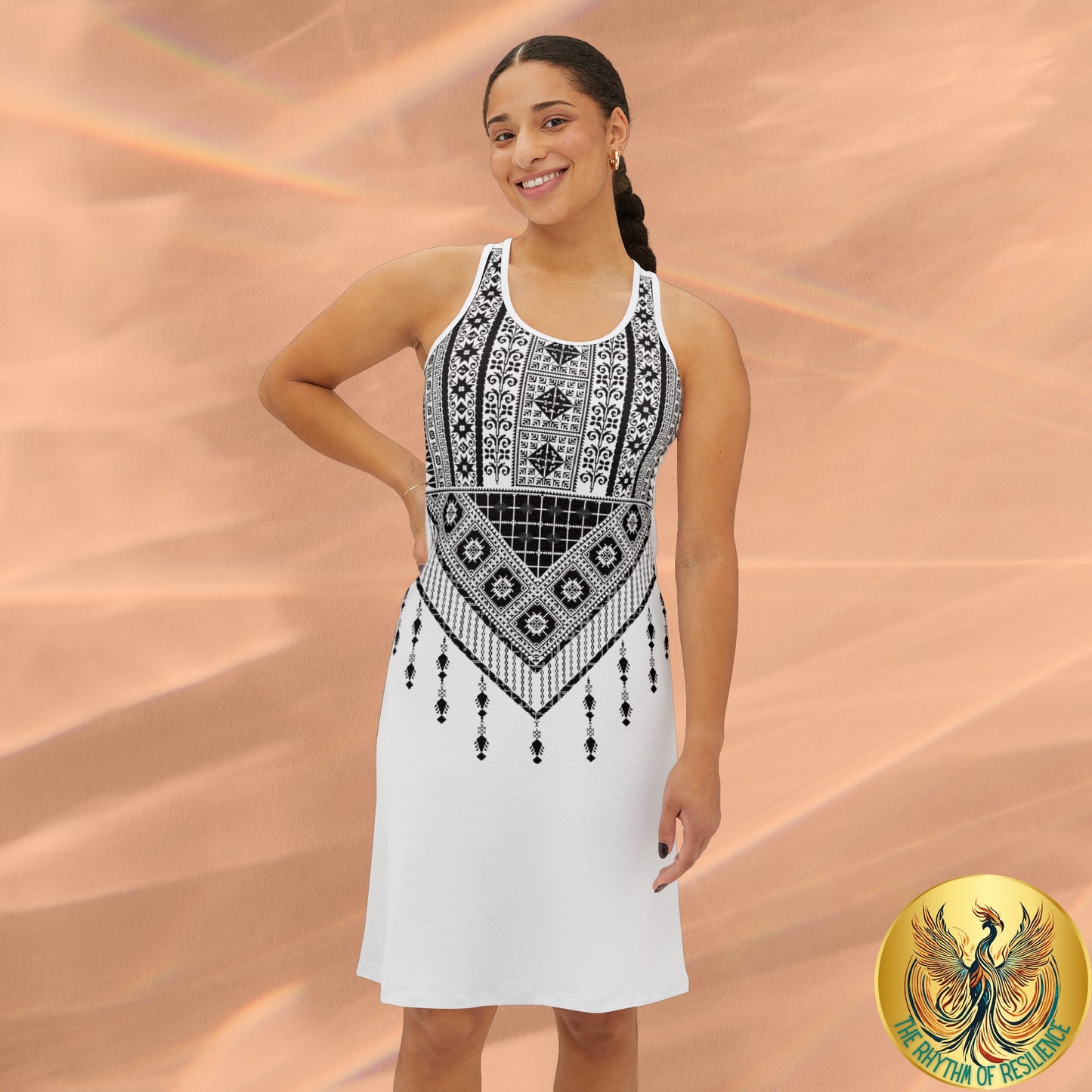 black and white tatreez with tassel Women's Racerback Dress (AOP)