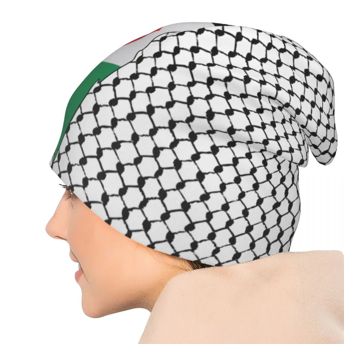 Palestine Map over Keffiyeh Print Beanie