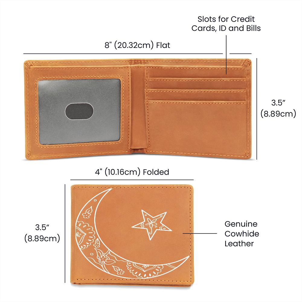 leather Bifold wallet, moon and star design