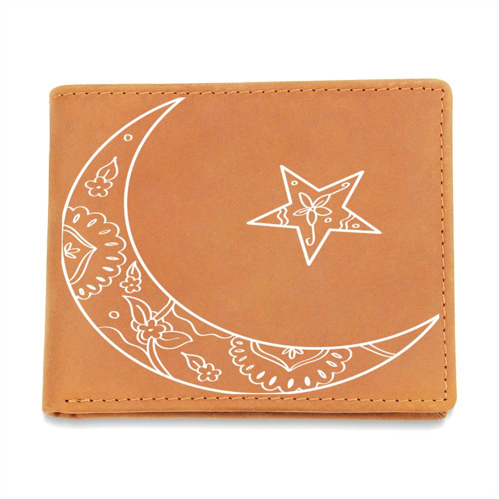leather Bifold wallet, moon and star design