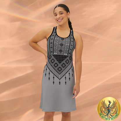 Black on light grey  black Tatreez with tassel Women's Racerback Dress (AOP)