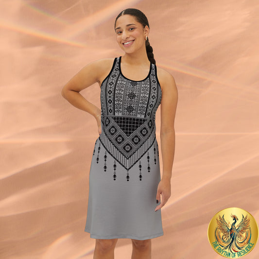 Black on light grey  black Tatreez with tassel Women's Racerback Dress (AOP)
