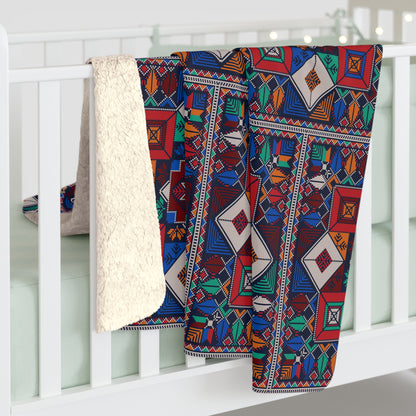 Sherpa Fleece Blanket, Tatreez design, blues
