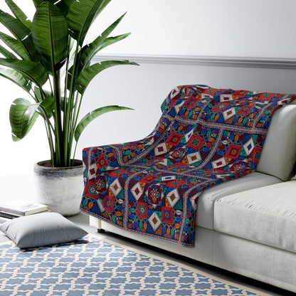 Sherpa Fleece Blanket, Tatreez design, blues