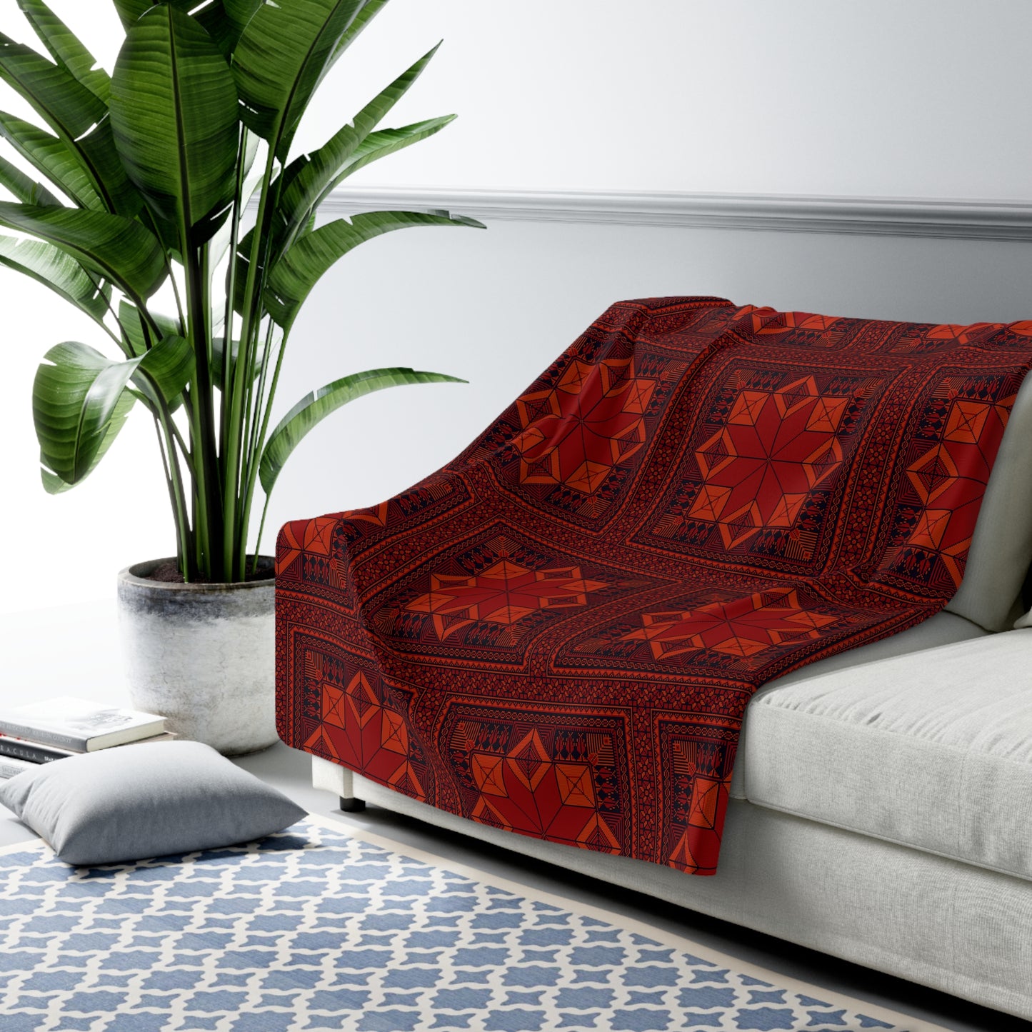 Sherpa Fleece Blanket, Tatreez design, Red, throw blanket, holiday, Eid, Ramadan