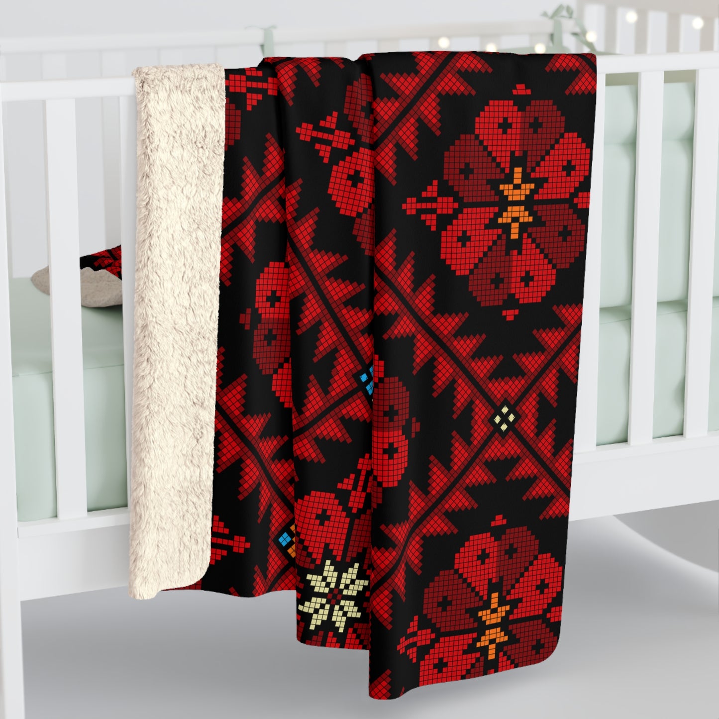 Sherpa Fleece Blanket, Tatreez design, Red