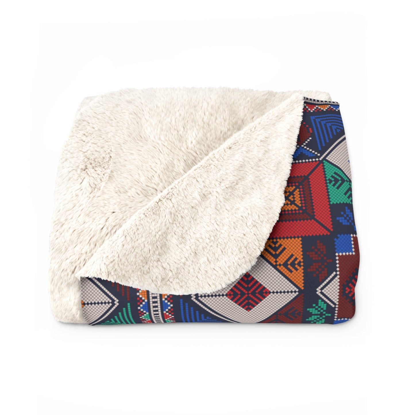 Sherpa Fleece Blanket, Tatreez design, blues