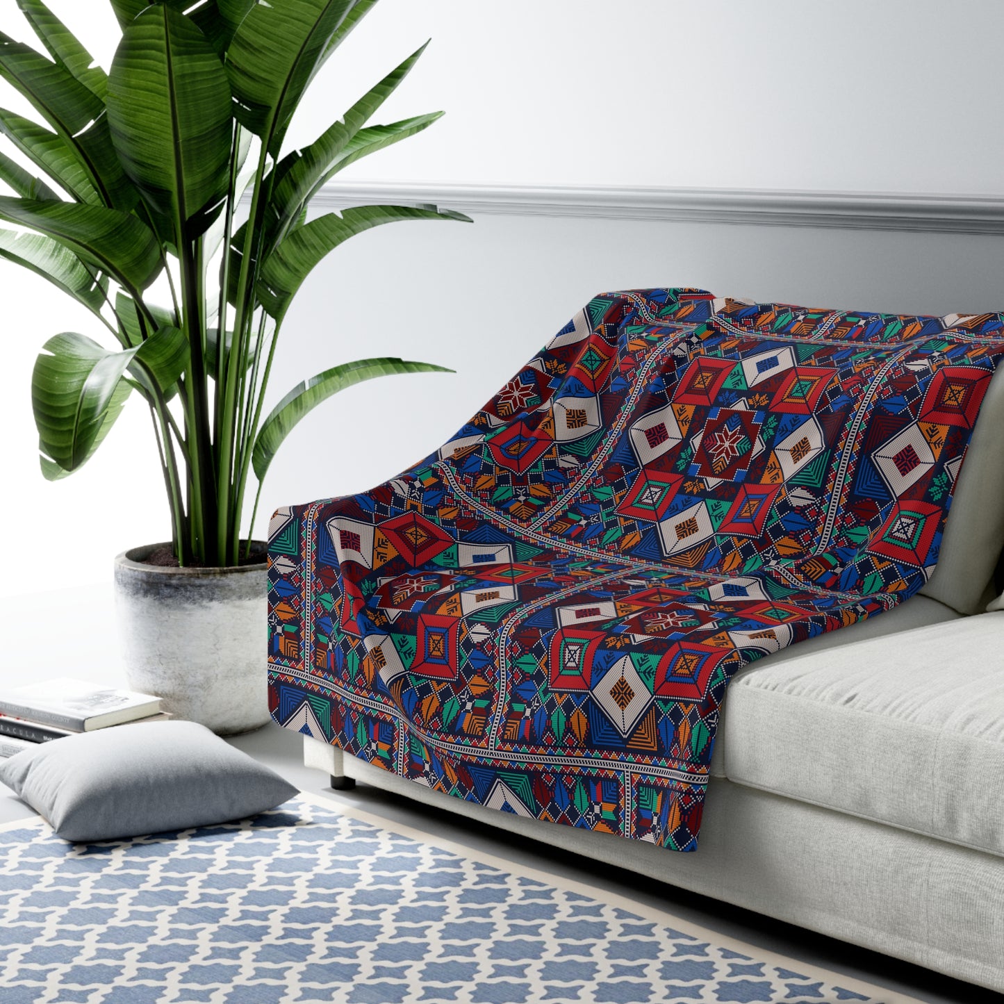 Sherpa Fleece Blanket, Tatreez design, blues