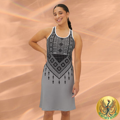 Black on light grey  black Tatreez with tassel Women's Racerback Dress (AOP)