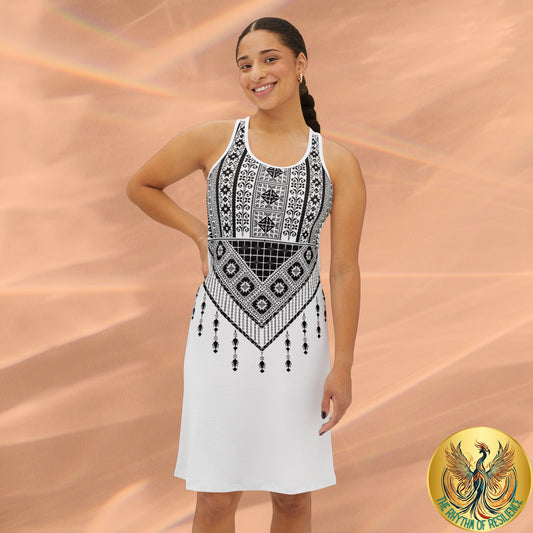 black and white tatreez with tassel Women's Racerback Dress (AOP)