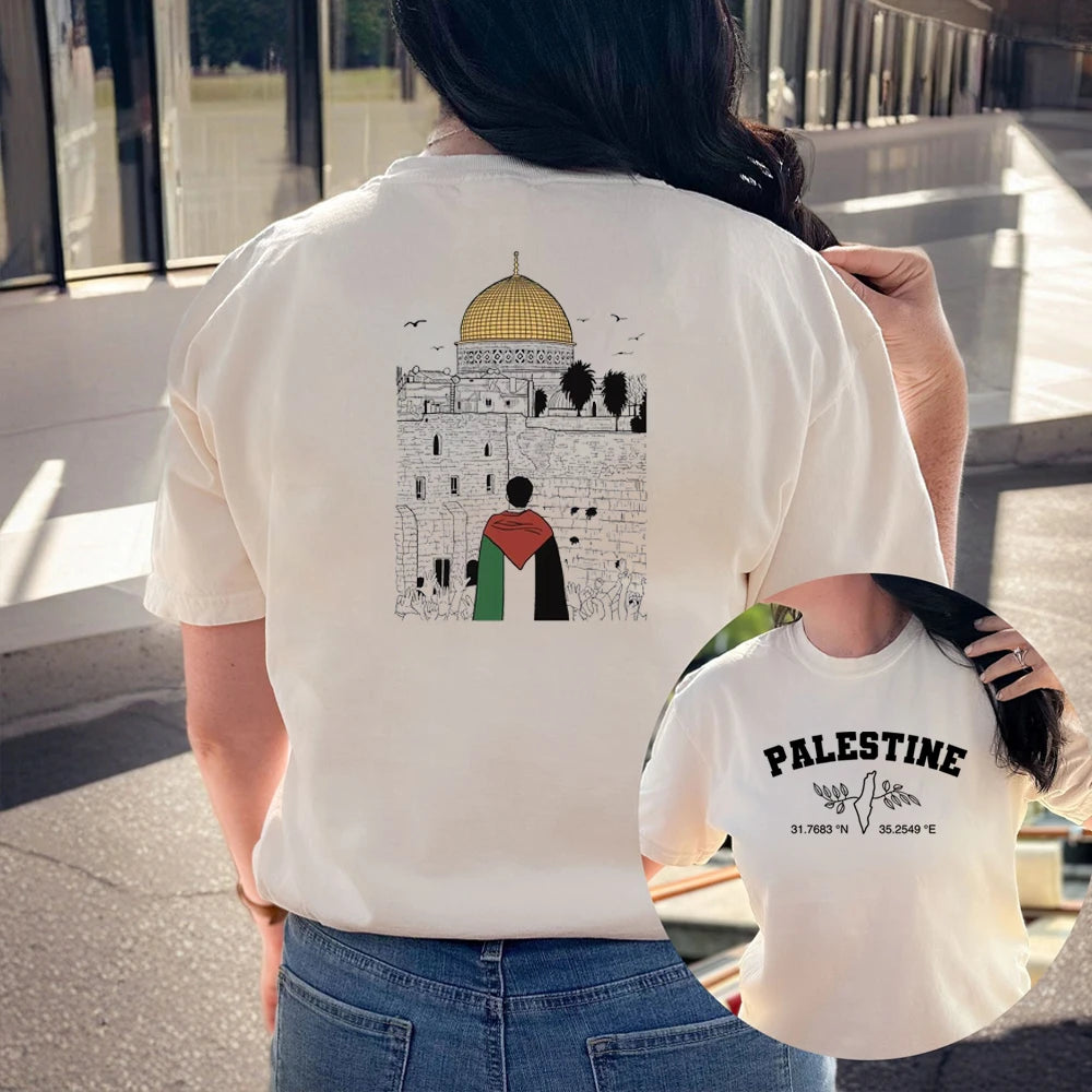 Palestine Al Aqsa Mosque and Map Coordinates Crop Tee