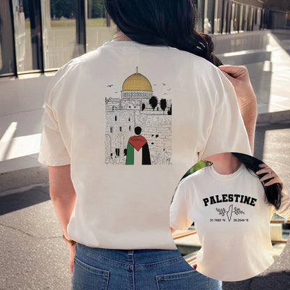 Palestine Al Aqsa Mosque and Map Coordinates Crop Tee