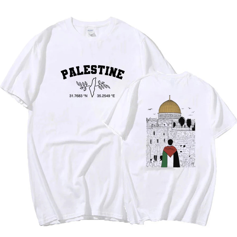Palestine Al Aqsa Mosque and Map Coordinates Crop Tee