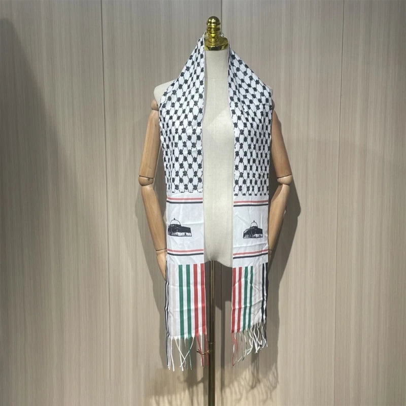 Shawl Lepel style scarf with Keffiyeh Print and Al-Aqsa Mosque and Tassels
