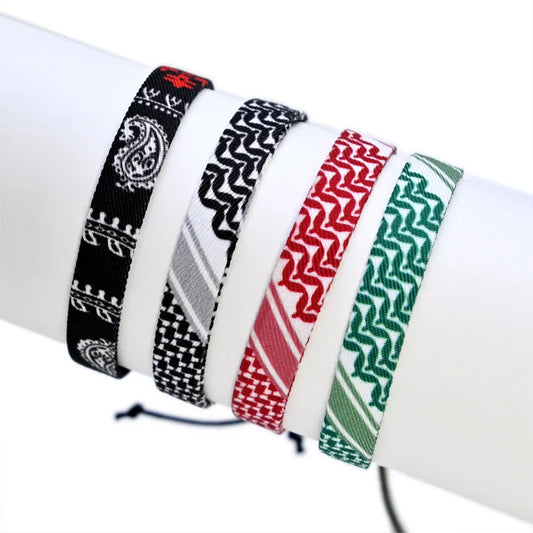 Keffiyeh pattern Cotton Rope Woven Bracelets in Red, Green, Black, and white multiple styles