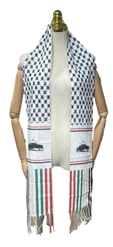 Shawl Lepel style scarf with Keffiyeh Print and Al-Aqsa Mosque and Tassels