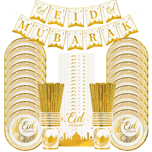 Eid Mubarak Disposable GoldTableware  Balloon Background Party Package
