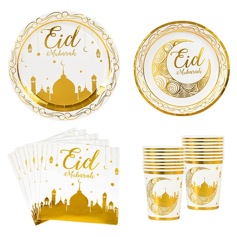 Eid Mubarak Disposable GoldTableware  Balloon Background Party Package