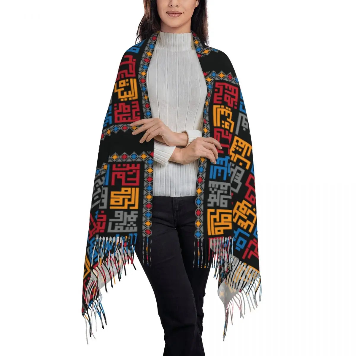 Palestinian Cities Tatreez Scarf with Fringe